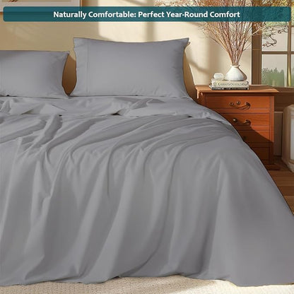 Deep Pocket King Sheets Set - Luxury 338 Thread Count Sateen, 100% Cotton Sheets with All Around Elastic for a, Hotel Quality Bedding Set (Light Grey Solid)