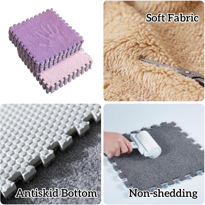 12Pcs Interlocking Carpet Tiles, Fluffy Play Mat Floor Tiles Thick Padded - Image 2