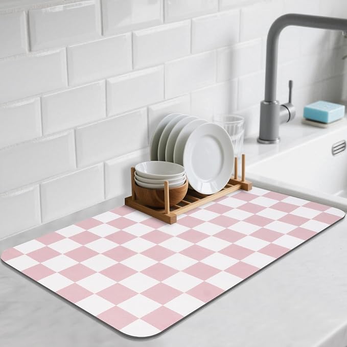 Checkered Dish Drying Mat for Kitchen Counter, Absorbent Non-Slip Coffee Mat by CooRug
