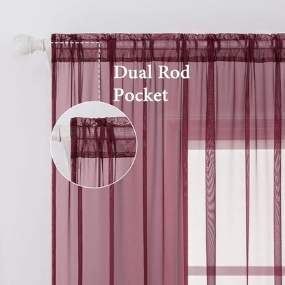 MIULEE 2 Panels Solid Color Sheer Christmas Window Curtains Elegant Window Voile Panels/Drapes/Treatment for Bedroom Living Room (54X54 Inches Wine Red)