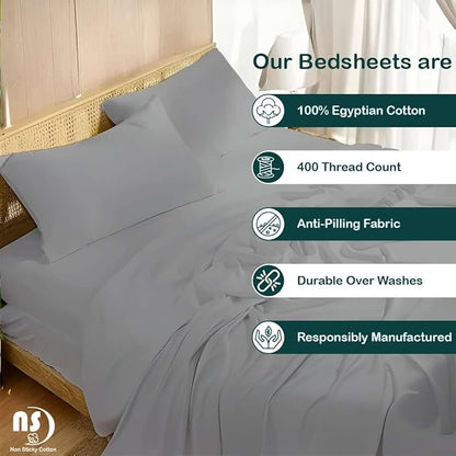NON Sticky cotton Queen Size Sleeper Sofa Sheets, 4 Piece Egyptian Cotton Bed Sheet Set for Sofa Bed, 6" Deep Pocket Fitted Sheet for Pull Out Couch Mattress, 60" x 75", Light Grey Solid