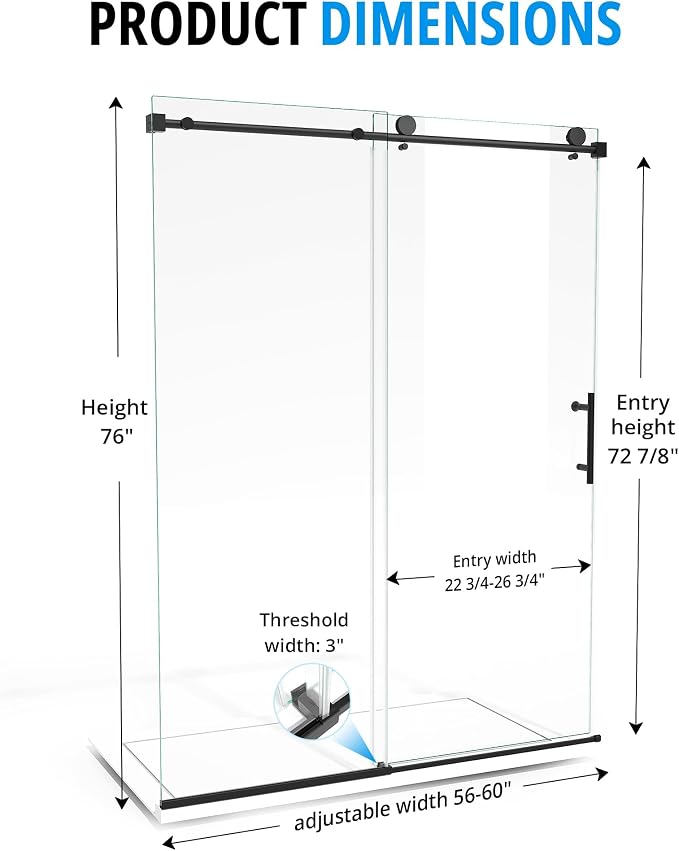 Frameless Sliding Shower Door 56–60 in W x 76 in H, 10mm Clear Tempered Glass - Image 6