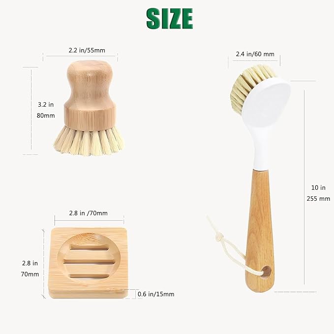 Natural Bristle Dish Brush Set, 1 Wooden Dish Brush and 1 Bamboo Dish Brush - Image 9