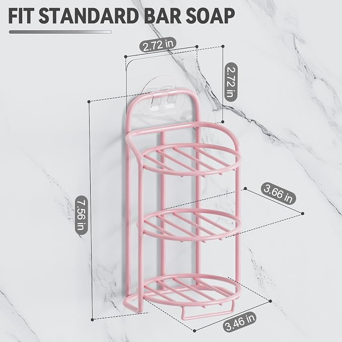 Pink 3-Tier Shower Soap Shampoo Bar Holder, Self Adhesive & Freestanding - Image 2