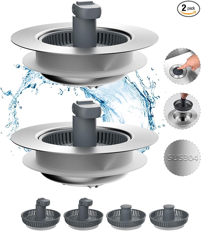 Hibbent 2 Pack 3 in 1 Kitchen Sink Drain Strainer and Stopper Combo, Stainless by Hibbent