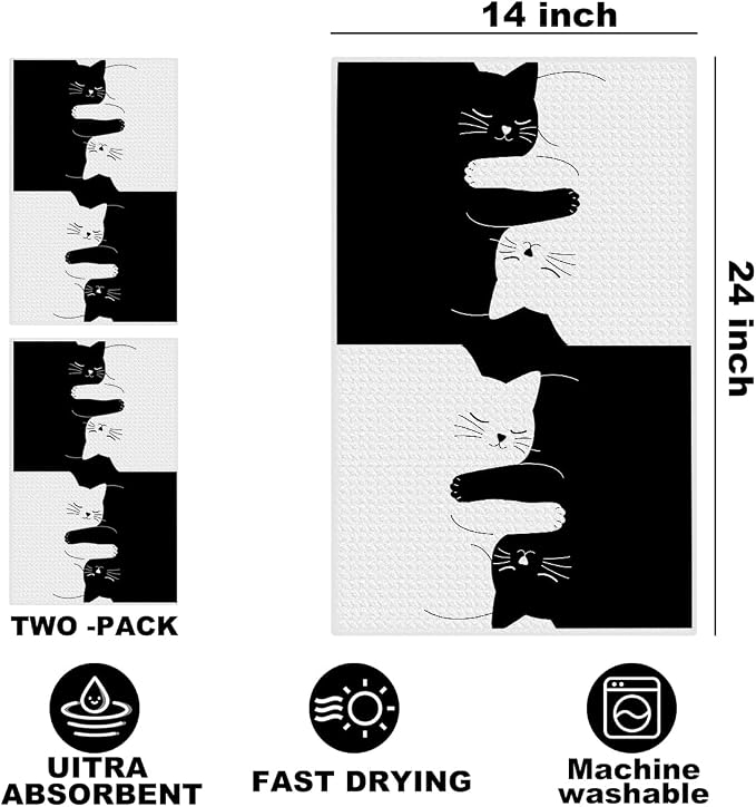 Hanamiya Na 2 Pcs Cute Cat Kitchen Towels 24x14 Inch, Cats Gifts Reusable Dish - Image 2