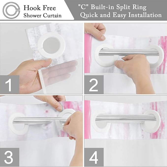 No Hook Shower Curtain with Snap in Liner, Hotel Style Hot Pink White Gold - Image 5