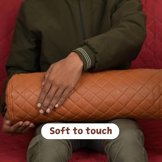 Neck Roll Pillow Cushion Cover, 14x6 Inch Full Moon Round Bolster Pillow Case, Cylinder Soft Lambskin Leather Pillowcase for Head, Spine & Neck Support During Sleep - Quilted Tan Pack of 2
