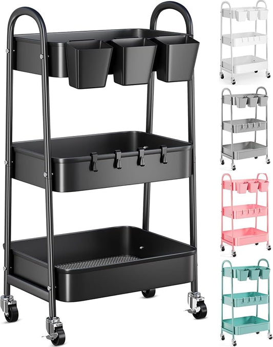 3 Tier Metal Rolling Cart with Lockable Wheels, Diaper Caddy by Recximi