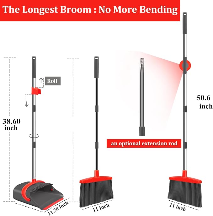 YZO Broom and Dustpan Set, 50.6-Inch Long Handle Standing Design, Dustpan Front - Image 3