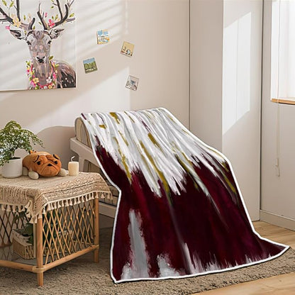 Abstract Ombre Throw Blankets, Modren Chic Art Oil Painting Cozy Warm Bed Couch Blanket, Burgundy Gold White Fleece Flannel Throws to Decorate The Room and Bedroom