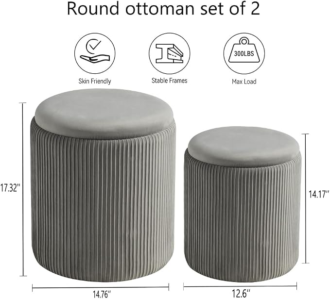 Round Set of 2 Ottoman with Storage-Upholstered Velvet Vanity Stool - Image 3