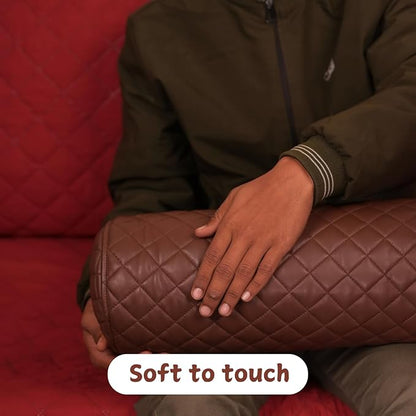Neck Roll Pillow Cushion Cover, 14x6 Inch Full Moon Round Bolster Pillow Case, Cylinder Soft Lambskin Leather Pillowcase for Head, Spine & Neck Support During Sleep - Quilted Chocolate Brown Pack of 1