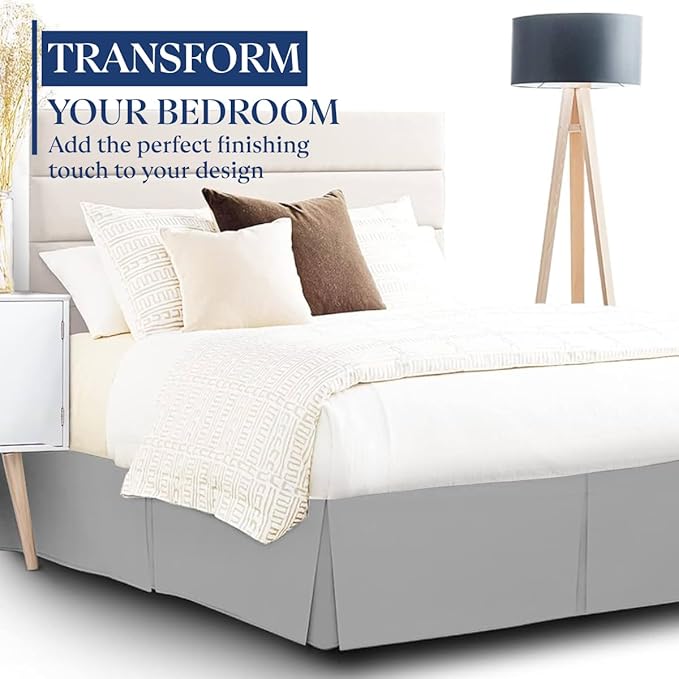 SKY BEDDINGS Luxury Pleated Queen Bed Skirt with Split Corners - 18 Inch Tailored Drop - Pleated Dust Ruffle - Wrinkle-Free 100% Microfiber - Easy Fit, Soft & Durable - Light Grey