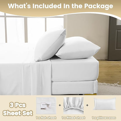 Twin XL Sheet Set - 3 Piece Silky Soft Breathable Bed Sheet & Pillowcase Set, 16" Deep Pocket Hotel Luxury Wrinkle Free Easy Care Bedding Sheets, White