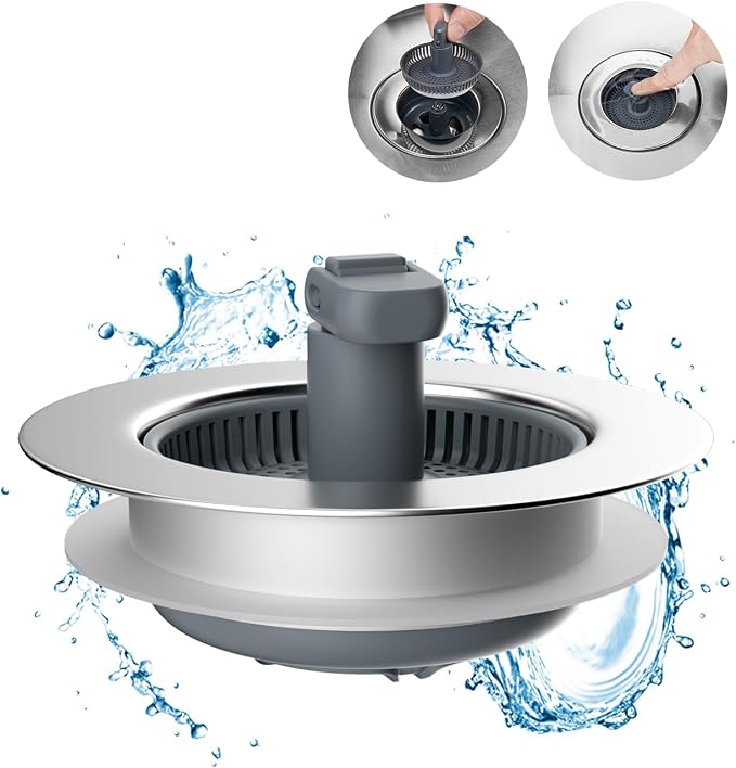 Hibbent 3 in 1 Kitchen Sink Drain Strainer and Stopper Combo, Chrome Stainless by Hibbent