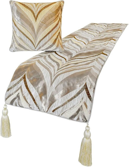 The HomeCentric King/Queen/Twin Ivory Luxury Queen 74"x18" Bed Runner with Two Pillow Cover, Bead Hand Embroidery Bed Scarf on Jacquard Fabric - Clarissa Serene