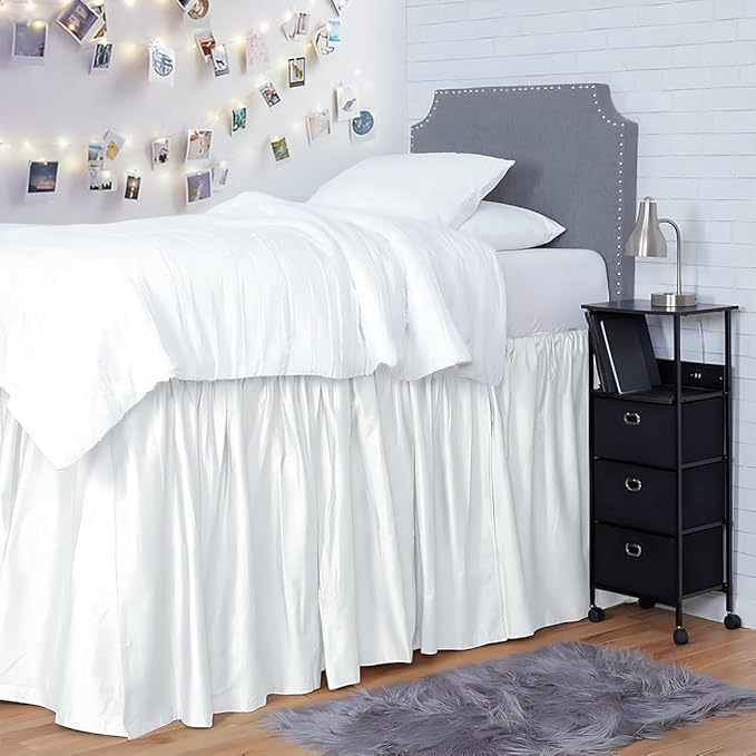 Shreem Linen Dorm Room Bed Skirt Twin XL 50 Inch Drop, 100% Microfiber Extra Long Bedskirt, White