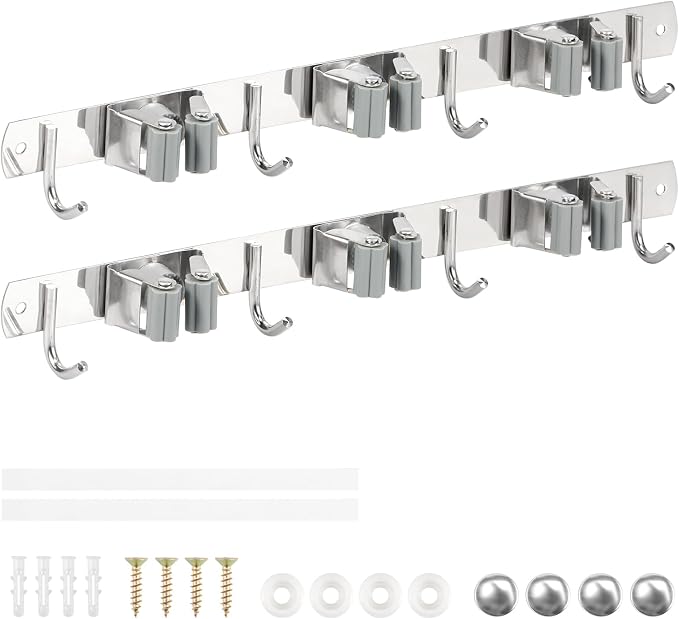 2 Pack Broom Holder Wall Mount 3 Racks 4 Hooks Stainless Steel Broom Mop Holder - Image 4