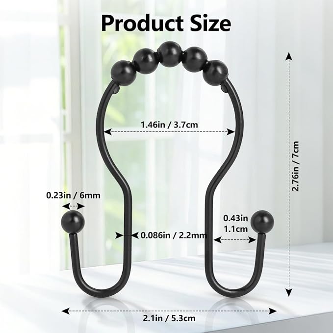 Shower Curtain Hooks, Sturdy Metal Black Shower Curtain Rings, Glide Roller - Image 2