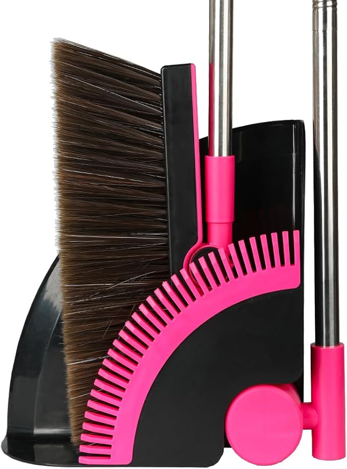 Triangular Indoor Broom and Dustpan Comb Set, 180° Rotating, Soft Bristle Long by GLOYY