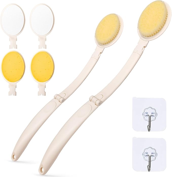 LFJ 19" Long Handle Shower Sponge Brush Set, 3 in 1 Body Brush, Bath Sponge and by LFJ
