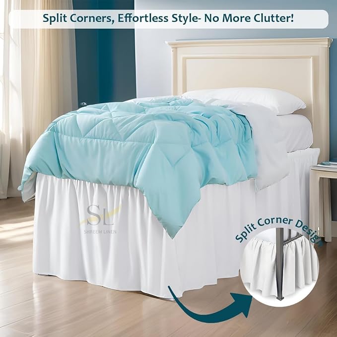 Shreem Linen Dorm Room Bed Skirt Twin XL 50 Inch Drop, 100% Microfiber Extra Long Bedskirt, White