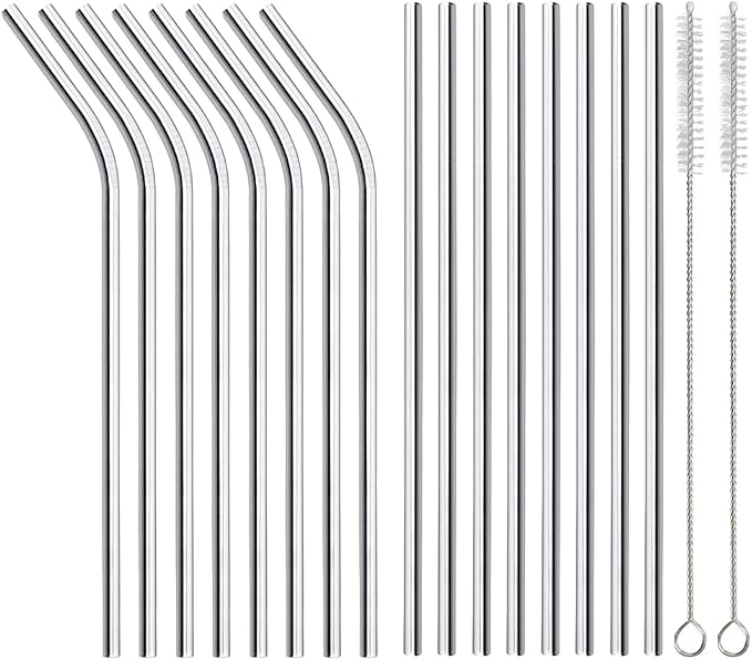 16 Pack of Reusable Stainless Steel Metal Straws, 8 Straight + 8 Bent 8.5 inch by ANNVCHI
