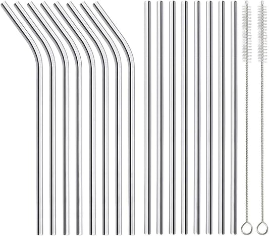 16 Pack of Reusable Stainless Steel Metal Straws, 8 Straight + 8 Bent 8.5 inch by ANNVCHI