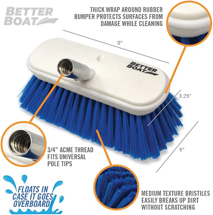 Medium Boat Deck Brush, Heavy-Duty Marine Brush Head, 3/4" Thread Handle - Image 2