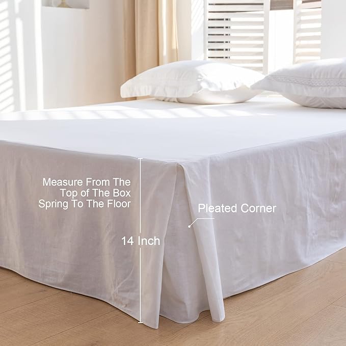BISELINA French Linen Bed Skirt with Pleated Corner 14-Inch Tailored Drop Natural Flax Cotton Blend Basic Dust Ruffle Soft Cozy Farmhouse Bedding (14" Twin, Basic White)