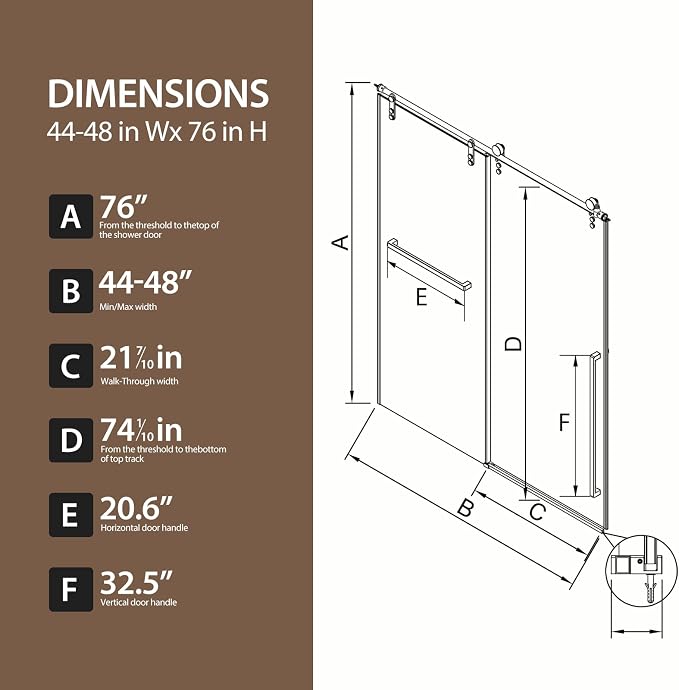 Frameless Shower Door, 44-48" W x 76" H 5/16" 8mm Glass Sliding Shower Doors - Image 7