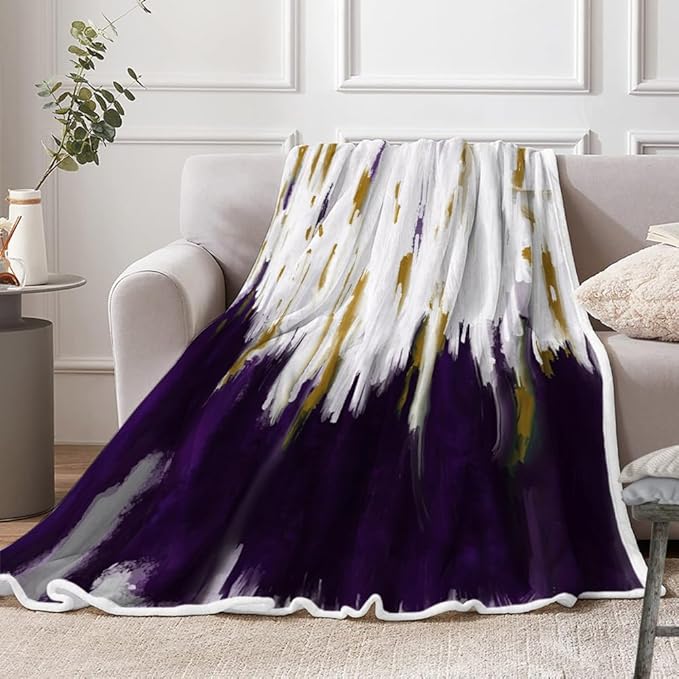 Abstract Ombre Throw Blankets, Modren Chic Art Oil Painting Cozy Warm Bed Couch Blanket, Purple Gold White Fleece Flannel Throws to Decorate The Room and Bedroom