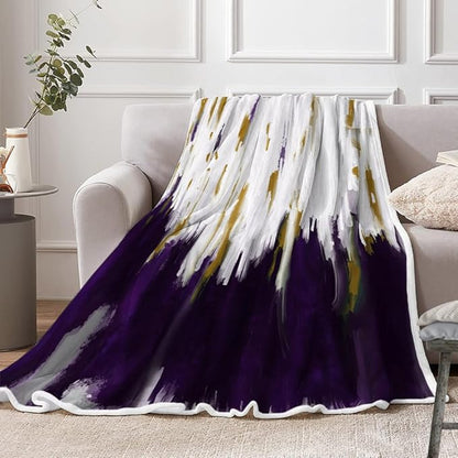 Abstract Ombre Throw Blankets, Modren Chic Art Oil Painting Cozy Warm Bed Couch Blanket, Purple Gold White Fleece Flannel Throws to Decorate The Room and Bedroom