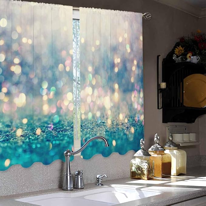 Blue Glitter Pattern Kitchen Curtains Beautiful Abstract Shiny Light Blur Bokeh - Image 4