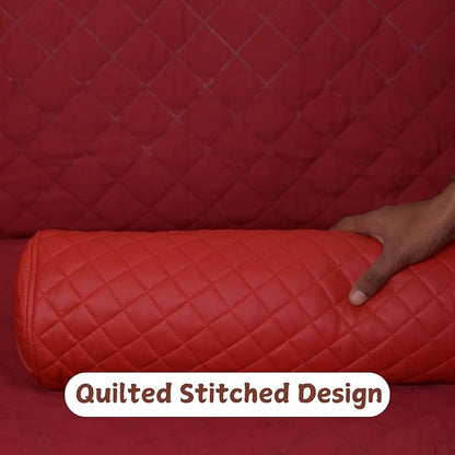 Neck Roll Pillow Cushion Cover, 18x6 Inch Full Moon Round Bolster Pillow Case, Cylinder Soft Lambskin Leather Pillowcase for Head, Spine & Neck Support During Sleep - Quilted Cherry Red Pack of 2