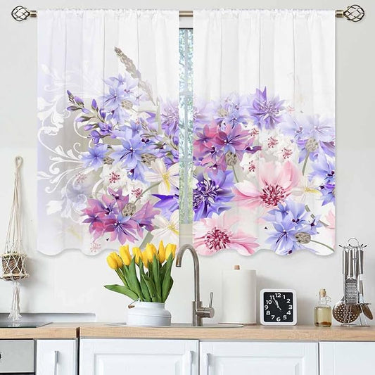 Lavender Kitchen Curtains Pastel Cornflowers Colorful Floral Short Tier Curtains by Unknown