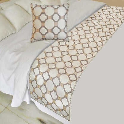 The HomeCentric King/Queen/Twin White, Beige & Grey Decorative Queen 74"x18" Bed Runner with Two Pillow Cover, Embroidered, Bouclet & Lace Bed Scarf on Cotton Fabric - Threaded Geometry
