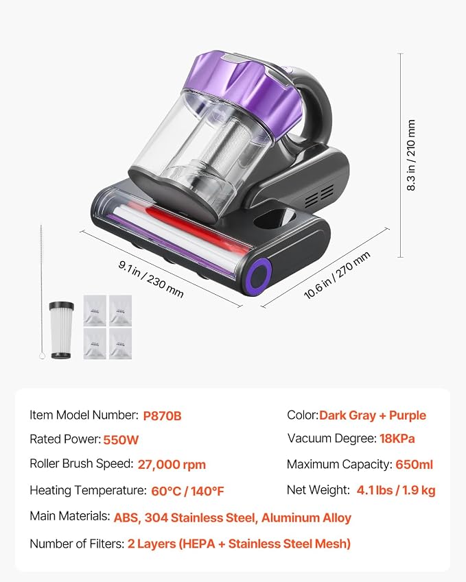 VEVOR Mattress Vacuum Cleaner, 550W Bed Vacuum Cleaner - Image 7