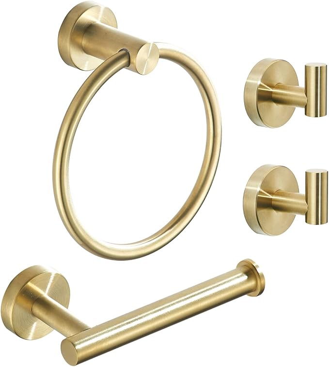 Gold Bathroom Hardware Set, Brushed Gold Toilet Paper Holder Towel Ring and 2 by FAIRGIA