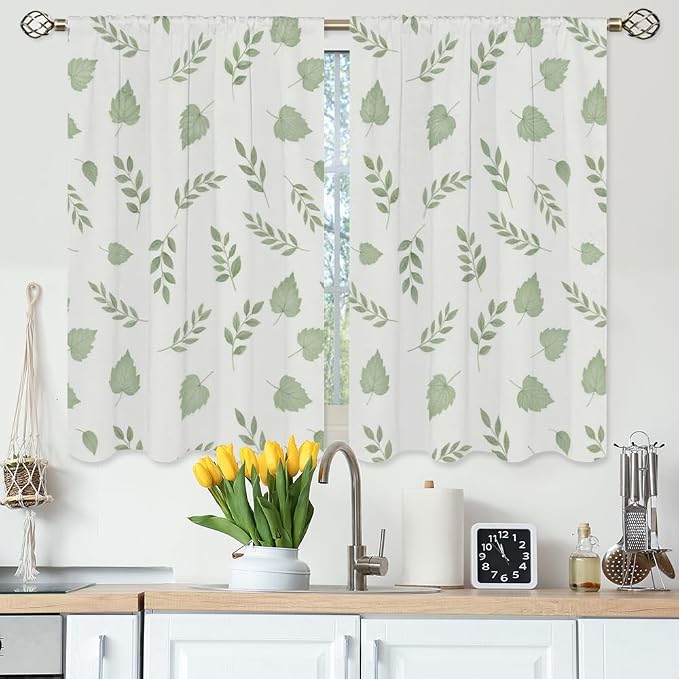Green Botanical Kitchen Curtains Watercolor Green Leaves and Branches Nature by Unknown