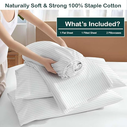 NON Sticky cotton Twin Size Sleeper Sofa Sheets, 4 Piece Egyptian Cotton Bed Sheet Set for Sofa Bed, 6" Deep Pocket Fitted Sheet for Pull Out Couch Mattress, 39" x 75", White Stripe, Soft & Breathable