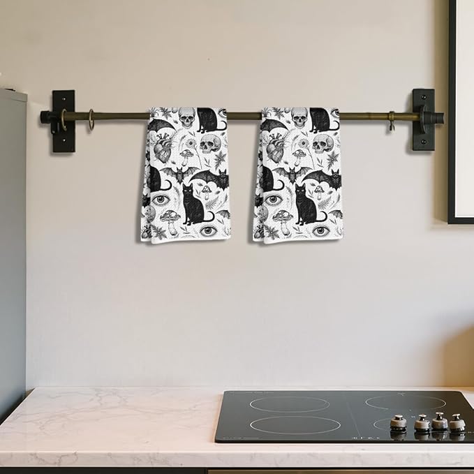 2Pcs Skeleton Cat Kitchen Towels, Mushroom Durable Microfiber Tea Towels - Image 3