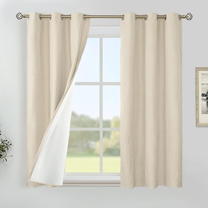 YoungsTex Natural Linen 100% Blackout Curtains 45 Inch Length, Short Thermal by YoungsTex