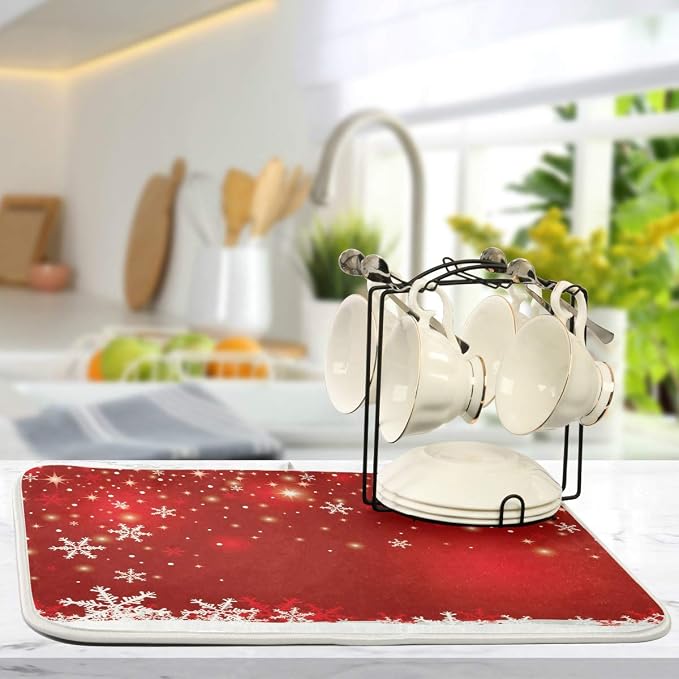 Christmas White Snowflake On Red Background Dish Drying Mat 18x24inch Dish - Image 5
