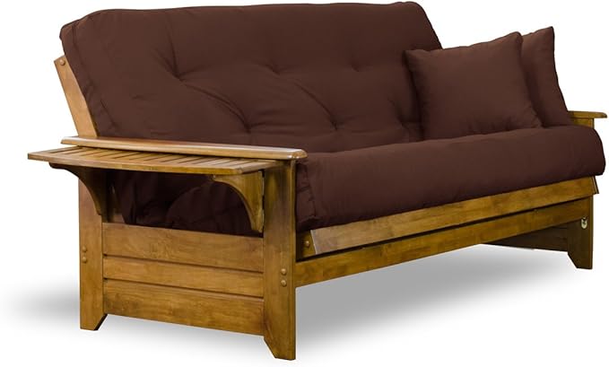Nirvana Futons Brentwood Tray Arm Futon Sofabed Set - Queen Frame, 8" Microfiber Fudge Mattress, Heritage Finish