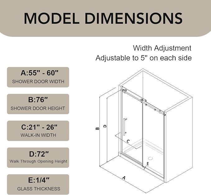 55-60” W x 76" H Single Sliding Shower Door, Frameless Shower Door - Image 9