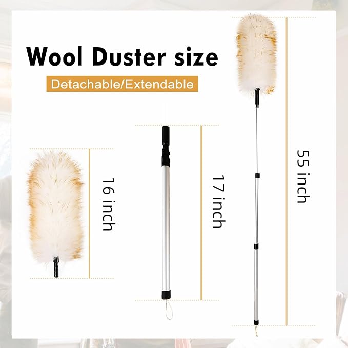 Lambswool Duster Extendable 31-55 Inch, Natural Electrostatic Feather Duster - Image 2