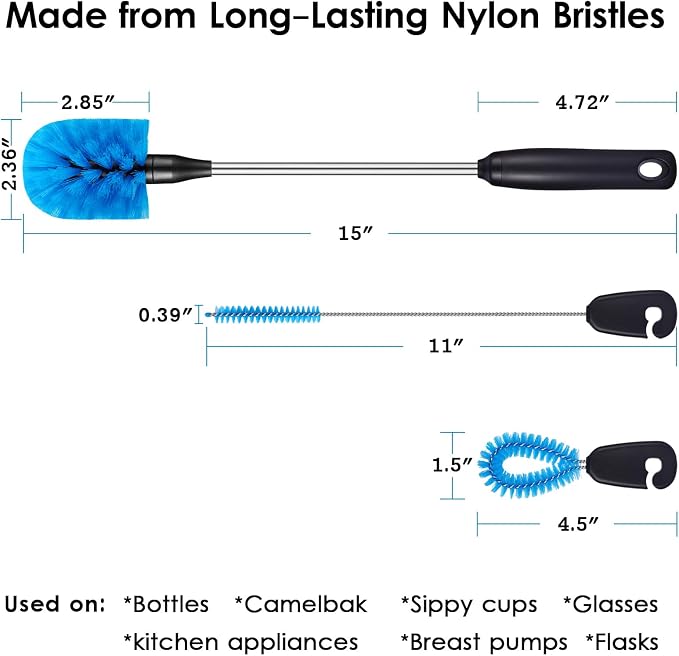 3-in-1 Stainless Steel Bottle Brush and Straw Cleaning Set, Long Handle Scrub - Image 4