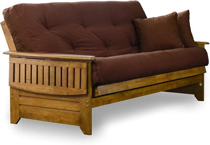Nirvana Futons Brentwood Tray Arm Futon Sofabed Set - Queen Frame, 8" Microfiber Fudge Mattress, Heritage Finish